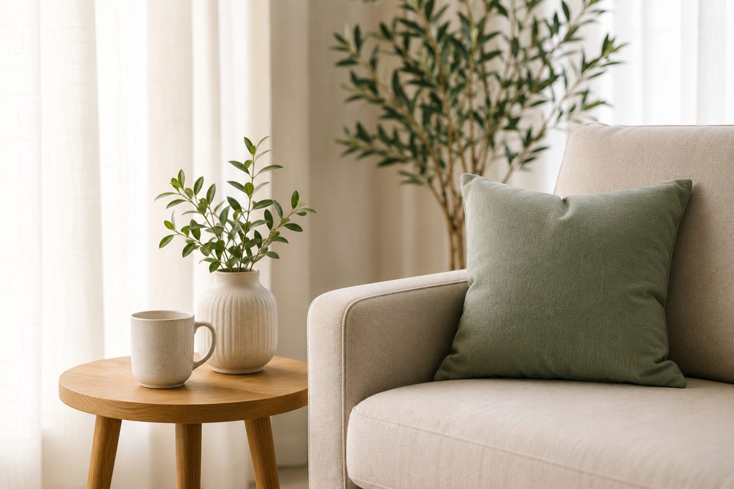 A calm corner with an armchair, plant and warm light