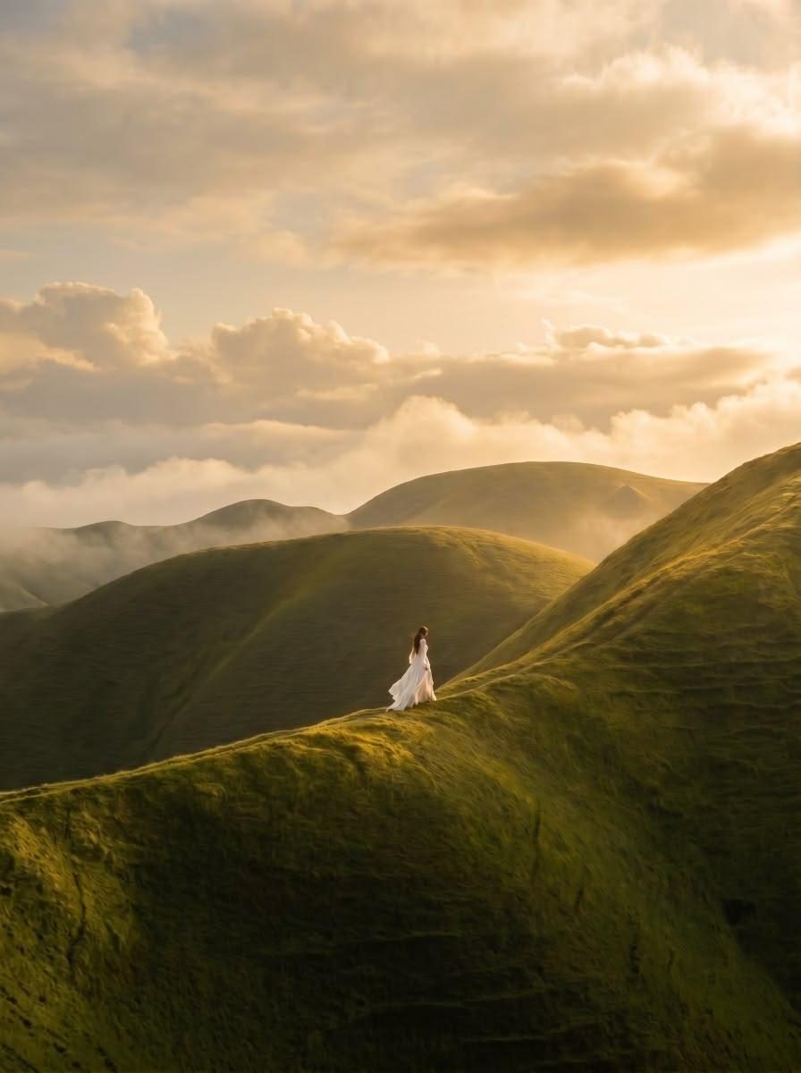 A person standing on a hillside at sunrise, looking out