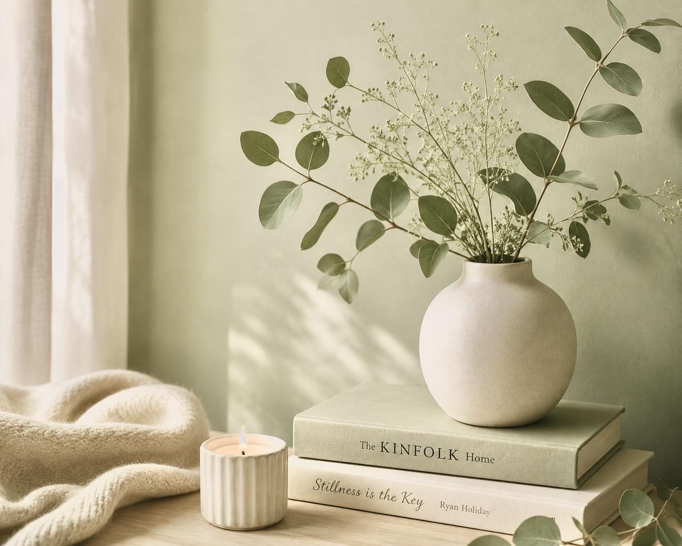 A calm still life — eucalyptus in a vase beside books